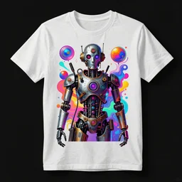 mockup of a tshirt with a hyperdetailed portrait of a steampunk robot on lsd, 8 k, symetrical, flourescent colors, trippy mood, multicolored,