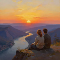 A couple sitting on a cliff and watching the beautiful sunset, mountains, river, birds flying, beautiful view, oil on canvas by Frank Frazetta, digital art, WLOP, Mandy Jurgens