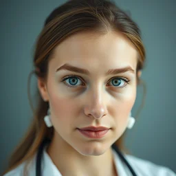 a stock photograph of a young woman doctor, dof, sharp focus, highly detailed face, symmetric face, realistic iris, cinestill 8 0 0 t, photography by paolo roversi