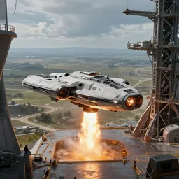 grey scifi spacecraft fired from launch platform, landscape, alex ross, eddie mendoza, raphael lacoste, sebastian ludke, concept art, matte painting, highly detailed, rule of thirds, dynamic lighting, cinematic, realism, realistic, photo real, detailed, magnificiant landscape, denoised, centerd