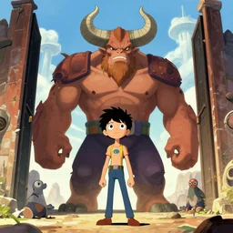 horned giant next to open portal to. grand. narita boy game. art by ralph mcquarrie and beksinski r / characterart