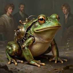 steampunk mechanical frog, diffuse lighting, fantasy, highly detailed, photorealistic, digital painting, artstation, illustration, concept art, smooth, sharp focus, art by john collier and albert aublet and krenz cushart and artem demura and alphonse mucha