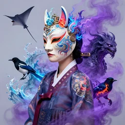 3 d goddess medium shot profile portrait. beautiful intricate highly detailed korean gumiho mask and traditional korean hanbok. stingray, magpie, bio luminescent, plasma, lava, ice, water, wind, creature, purple fog, artwork by tooth wu and wlop and beeple and greg rutkowski, trending on artstation,