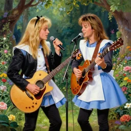 young axl rose and young bon jovi singing a love duet in a beautiful garden, hyperrealistic, sharp focus, fantasy painting, alice in wonderland ( 2 0 1 0 )