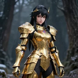 full shot focus of beautiful darkness knight 3D anime girl, golden armor wearing, dark forest background, snowing, bokeh, inspired by Masami Kurumada, digital painting, high contrast, unreal engine render, volumetric lighting, high détail