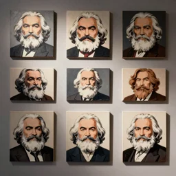 a display of the changing cartoon depictions of karl marx over time