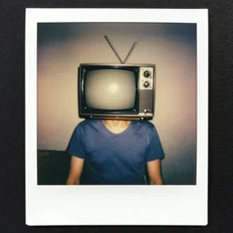 vintage polaroid photograph of a man with a television replacing his head, 1 9 8 0 photography, film grain
