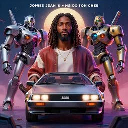 stylish 3 d vfx portrait movie poster - art of an african jesus in a delorean surrounded by mecha robots, art style by james jean & hsiao - ron cheng, unreal engine render, digital illustration, sharp, intricate detail, volumetric lighting, ray tracing, soft lighting, neon, claymation style, drew struzan style, symmetry, ernie barnes style, acrylic on canvas