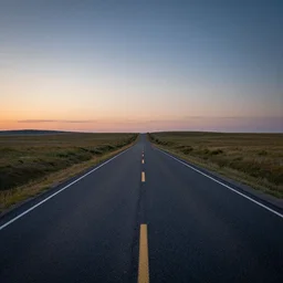 wide angle photograph of a road cutting through an empty prairie that leading out into space, twilight, fine details