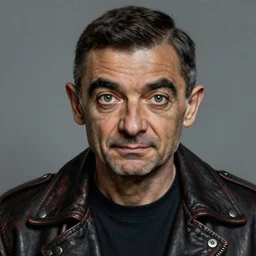 portrait of mr bean, gritty, dark, wearing a leather jacket very detailed eyes, hyperrealistic, very detailed painting by Glenn Fabry, by Joao Ruas, by Artgerm