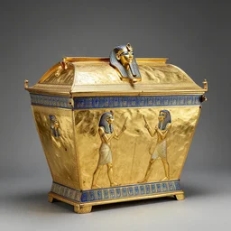 an ancient egyptian gold and lapis lazuli sacrcophagus of harlequin, studio lighting, british museum
