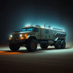 a extreme huge desertpunk combat truck, luminescent, rule of thirds, golden ratio, ambient lighting, syd mead, greg rutkowski, wlop, artgerm, artstation, highly detailed masterpiece