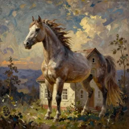 Beautiful surreal oil painting of a horse morphing into an old house, by Sergei Aparin and Vladimir Kush and Gediminas Pranckevicius,
