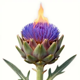 A tall artichoke in flower on fire