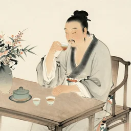 zhuangzi drinking tea in teahouse in style of confucian art