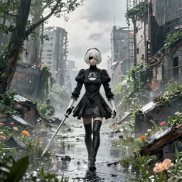 nier automata walking in post apocalyptic flooded city, city ruins rainy melancholy day, lots of trees, dense vegetation, unreal engine, high octane, epic engine, volumetric lighting, ray tracing, rtx on, exposure, god rays, overcast, ambient lighting, blooming flowers, 3 d render, cinematic, subtle, high saturation, photo, ultra realistic, hyper realistic, extreme detail, bleeding edge graphics, 4 k, 8 k, hdr,