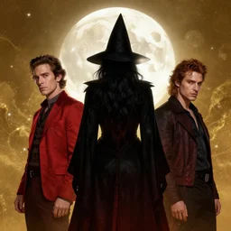 full portrait, golden magical atmosphere, style by eddie mendoza, raphael lacoste, alex ross, red black white golden colors, book cover, sihouette of a dark Witch from behind in front of a full big moon, dramatic lighting, cinematic, realistic establishing shot, extremely high detail, photo-realistic, cinematic lighting, digital restoration, very sharp, high quality, high details, ISO 50, realistic, Artgerm, post processed, realistic concept art, artstation, realistic matte painting