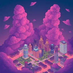 illustration if an isometric city under the clouds with purple tones