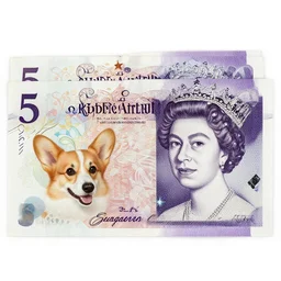 a five pound note gbp but the portrait of the queen has been replaced by a happy corgi
