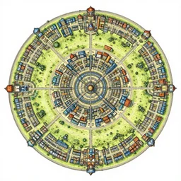 hand drawn rpg map of circular city with a giant core in the middle, ink, low detail colorful