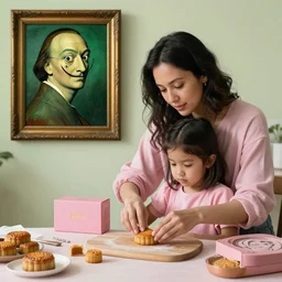 a mother and daughter making mooncakes together : 3 ','by siya oum and salvador dali : 2 ','style of dutch golden age, emerald, baker - miller pink