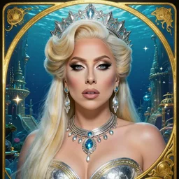 lady gaga as princess kida the high queen of ancient atlantis, a beautiful art nouveau portrait. art _ by _ jen _ zee, beautiful underwater city environment, centered composition, defined features, golden ratio, silver jewelry, stars in her gazing eyes. trending on artstation. detailed facial features