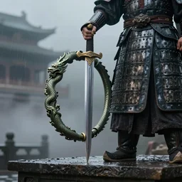 a bronze bracelet carved into the shape of dragon, hang on a sharp edge of a silver sword, held by a soldier in Dark steel armour from Ming dynasty on a high platform, China, smokey, rainy atmosphere with great dignity, foggy atmosphere , Bottom view
