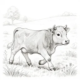 a beautiful intricate line drawing of a cute calf running on a meadow