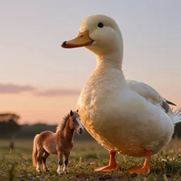 a tiny miniature horse, stood next to a massive huge duck, evening light, cinematic photography, digital painting, volumetric light, concept art, trending on artstation, digital Art, fantasy art