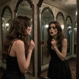 a beautiful woman is frightened by her ugly doppleganger in a mirror. she is in a long hallway of mirrors. elegant design, haunting atmosphere, dimly lit, gothic, horror style, realistic, low angle, 3 / 4 view.