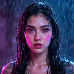 a human portrait made out of rain, neon light, beautiful, rendered in octane, unreal engine, comic book art