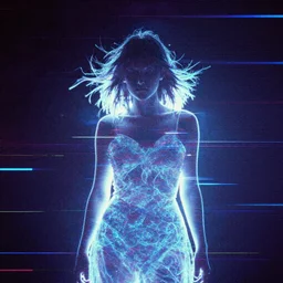video processing vhs glitch art in the silhouette of a woman, ethereal glow,