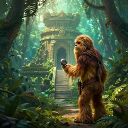 wookie scientist explorer in the jungle, discovering a jungle temple, volumetric lighting, sylvain sarrailh, artstation
