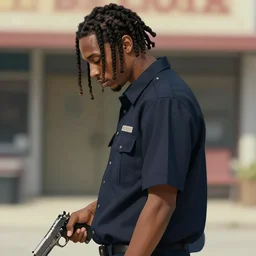 earl sweatshirt wearing uniform, dreadlocks, holding pistol at side, side view, looking down | | audrey plaza, fine detail!! anime!! realistic shaded lighting!! poster by ilya kuvshinov katsuhiro otomo ghost - in - the - shell, magali villeneuve, artgerm, jeremy lipkin and michael garmash and rob rey