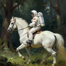 a single astronaut riding on the back of a white horse through a forest, a detailed matte painting by frieke janssens, featured on cgsociety, fantasy art, matte painting, reimagined by industrial light and magic, matte drawing