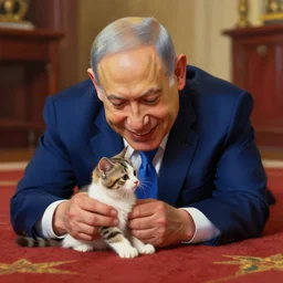 benjamin netanyahu smiling blushing while playing with a kitten on a carpet, lying on carpet, rich vivid colors, warm, sharp, highly detailed, digital painting