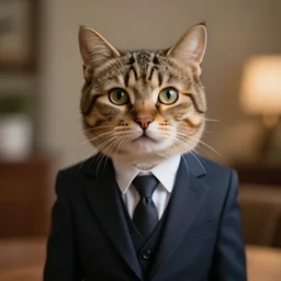 a cinematic cat in a suit, front view, ultra realistic, canon, 3 5 mm, bokeh, coherent
