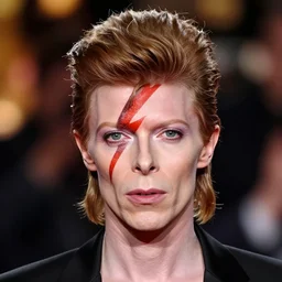 headshot of david bowie's face morphed into donald trump's face, androgynous ziggy stardust, bokeh