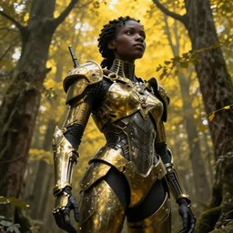 hyperrealistic super expressive! black woman with detailed exoskeleton armor, merging with tree in a forest, matte painting masterpiece brad kunkle hannah yata dramatic yellow light low angle hd 8k sharp focus