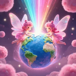 giant cute fairys using bright colorful magic light rays coalesing to mold the pink universe from nothing into something hyper-detailed trending 8k artstation constructing cute planet earth from stars and matter pink fluffy kawaii  stunning concept art