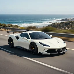 a dslr photograph of a white ferrari concept racing along the pacific coast highway, ocean in the background, 8 k,
