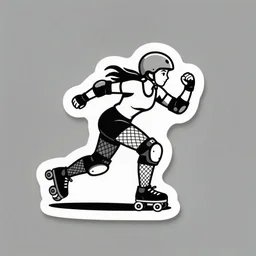 logo design, roller derby girl sprinting Cross-Over, wearing skate helmet, knee pads, elbow pads, fishnet tights, showing off biceps, logo illustration by greg rutkowski and mcbess