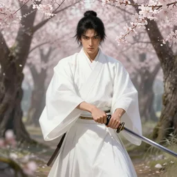 a highly detailed illustration of white robed samurai wielding sword in cherry blossom forest, intricate, elegant, highly detailed, centered, digital painting, artstation, concept art, smooth, sharp focus, wlop.