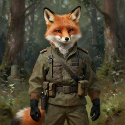 anthropomorphic furry fox soldier wearing modern military gear in a forest, character design, painting by gaston bussiere, craig mullins, j. c. leyendecker, tom of finland
