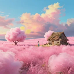 a farm on a world made out of psychedelic cotton candy with pink grass, beautiful sky, cinematic composition, Jim Burns, Craig Mullins, wide angle, in the style of hayao miyazaki + brian froud + kim jung gi, studio ghibli, beautiful high detail enhanced 8k render