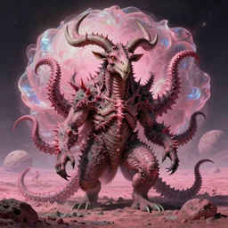 surreal portrait of abandoned ribbed sauron covered with spinal spiky pink tentacles antlers, in wastelands on pink exoplanet, iredescent bloom effect, dream - like, baroque portrait painting, perfect composition, beautiful detailed intricate octane render, artstation, 8 k, photorealistic, volumetric cinematic light, chiaroscuro, masterpiece, raphael, caravaggio, beksinski, giger