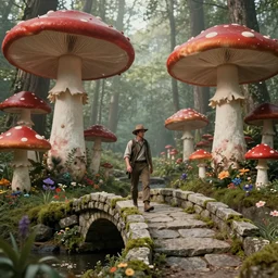 adventurer ( ( ( ( ( 1 9 5 0 s retro future forrest of giant mushrooms, moss and flowers stone bridge. muted colors. ) ) ) ) ) by jean baptiste monge!!!!!!!!!!!!!!!!!!!!!!!!! chrome red