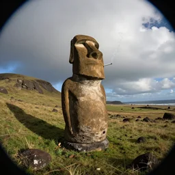 a moai smoking a cigarette, gopro photo, realistic, fisheye effect