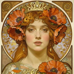 realistic detailed face portrait of a beautiful young queen of poppies by Alphonse Mucha, Greg Hildebrandt, and Mark Brooks, gilded details, spirals, Neo-Gothic, gothic, Art Nouveau, ornate medieval religious icon
