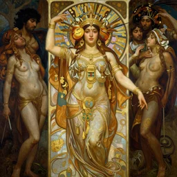 hyper realistic painting of the orisha yemaya, gold ornaments, flowing fabric, intrincate detail, detailed faces by wayne barlowe, gustav moreau, goward, gaston bussiere and roberto ferri, santiago caruso, and austin osman spare, ( ( ( ( occult art ) ) ) ) bouguereau, alphonse mucha, saturno butto